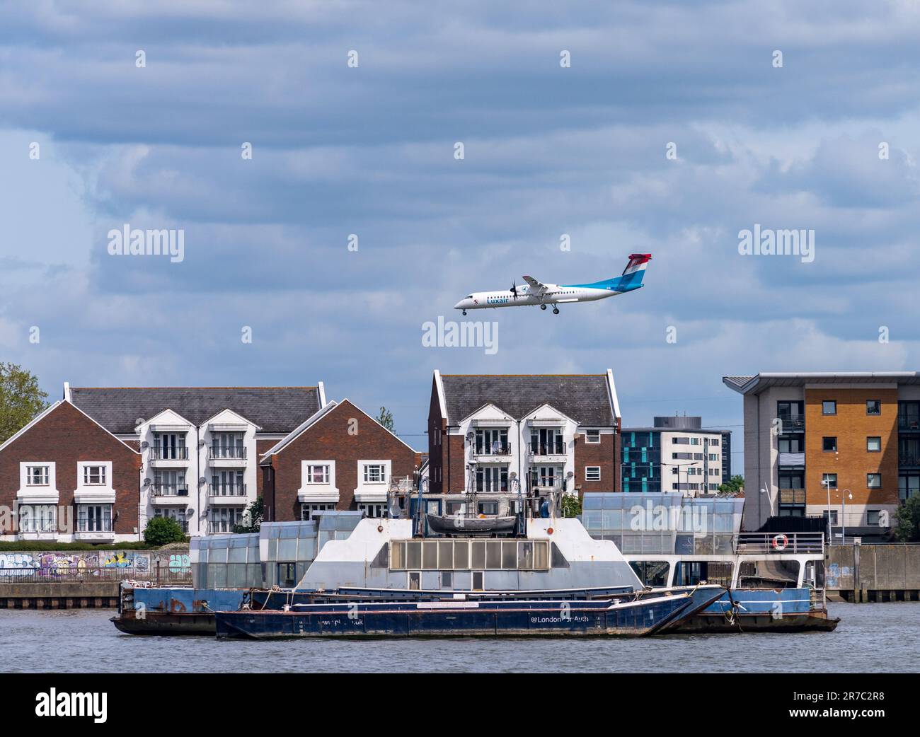 Woolwich, London 15 May 2023 Luxair plane flying low over apartment