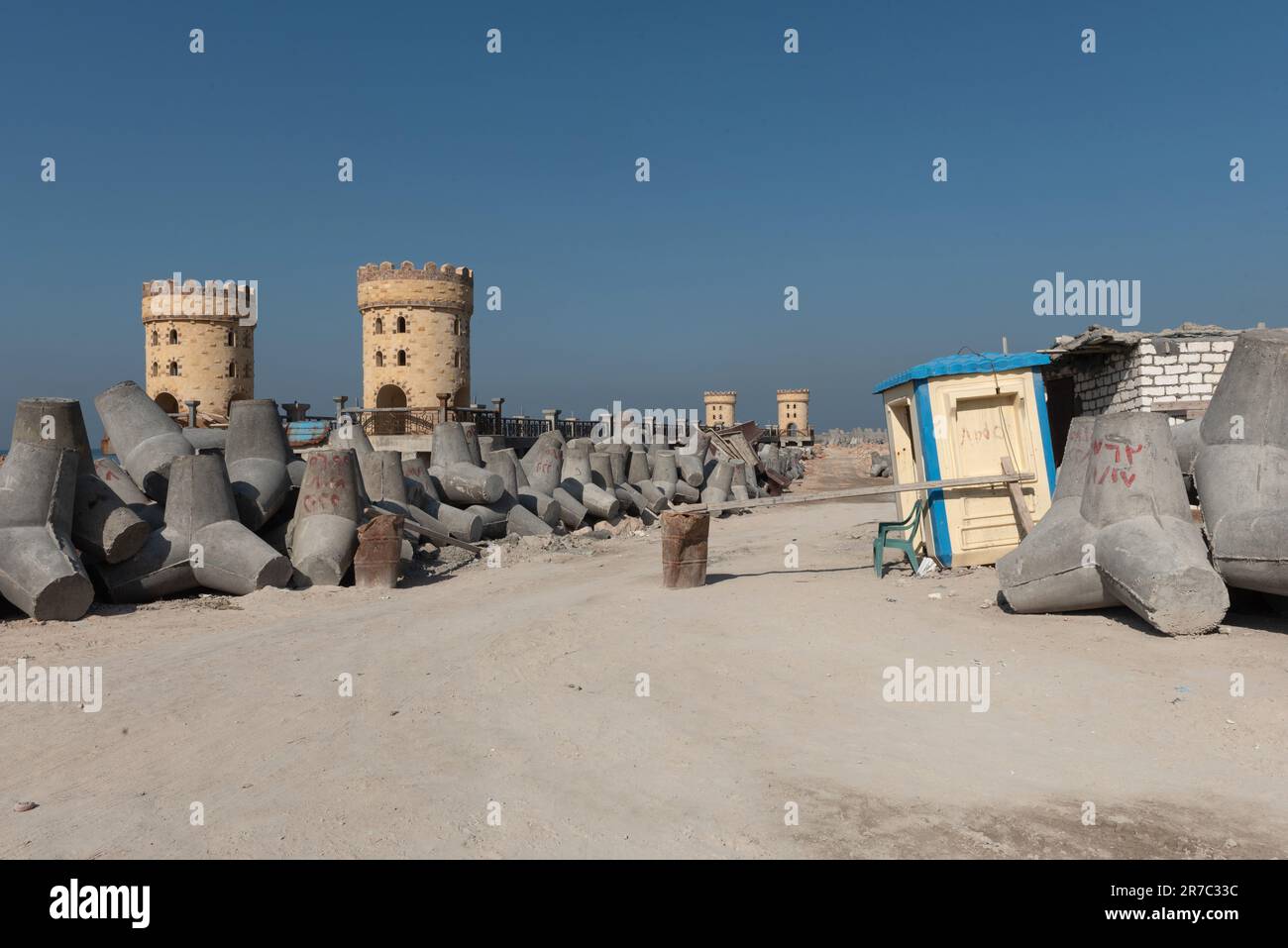 Alexandria, Egypt. December 1st 2022 Construction of sea defence walls and barriers to prevent coastal flooding and erosion along protect the Mediterr Stock Photo