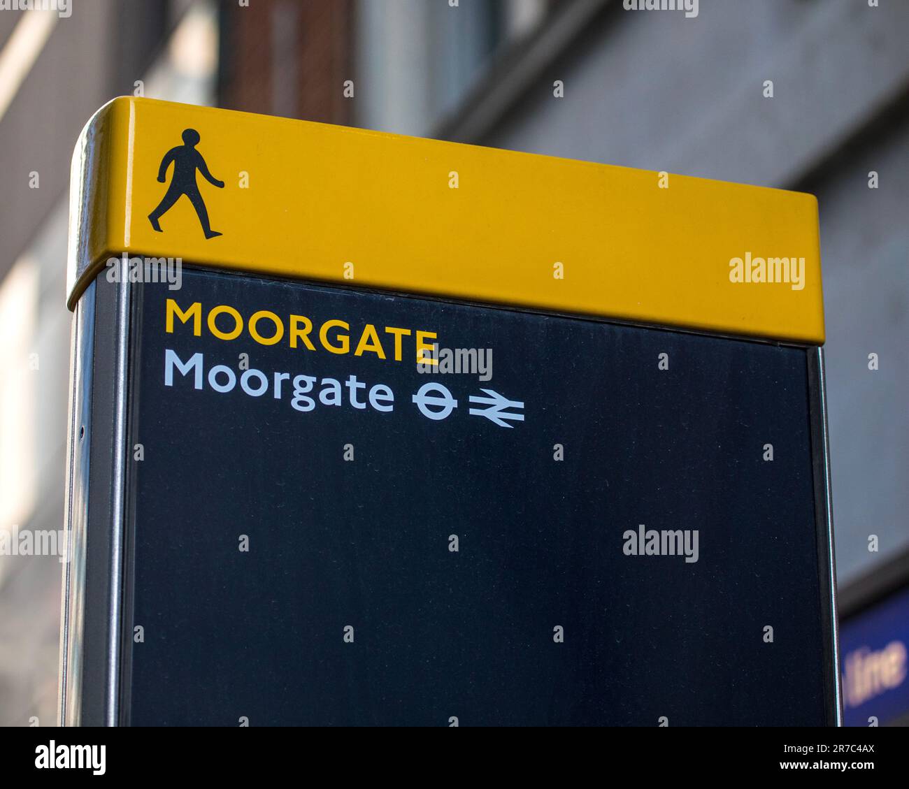 London, UK - March 2nd 2023: Close-up of a pedestrian sign, marking the location of Moorgate and Moorgate station, in the City of London, UK. Stock Photo
