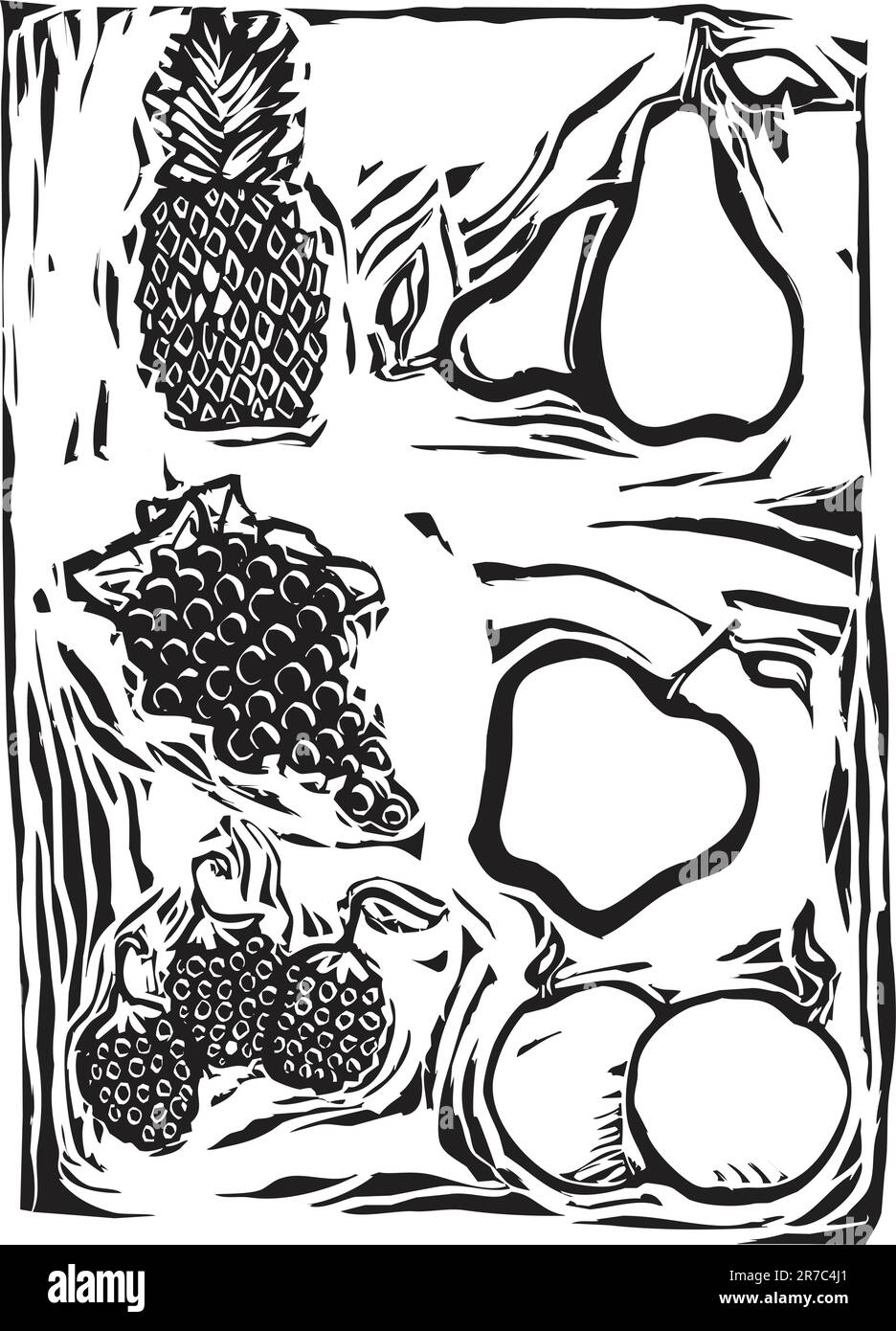 Woodcut Raspberry Oranges tree fruit Black and White Stock Photos & Images - Alamy