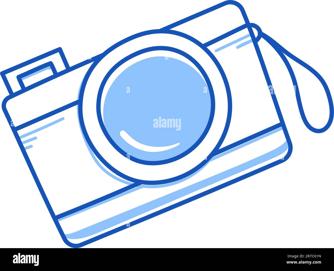 Photo camera doodle. Hand drawn sketch doodle style photo camera. Blue