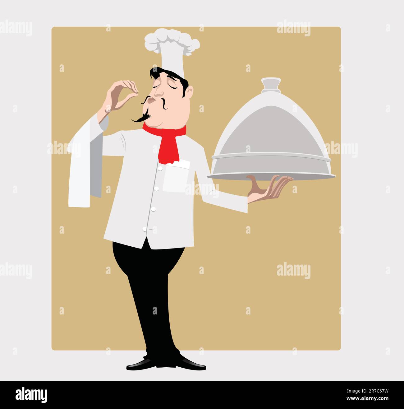 The cook costs with a dish praises tasty meal Stock Vector