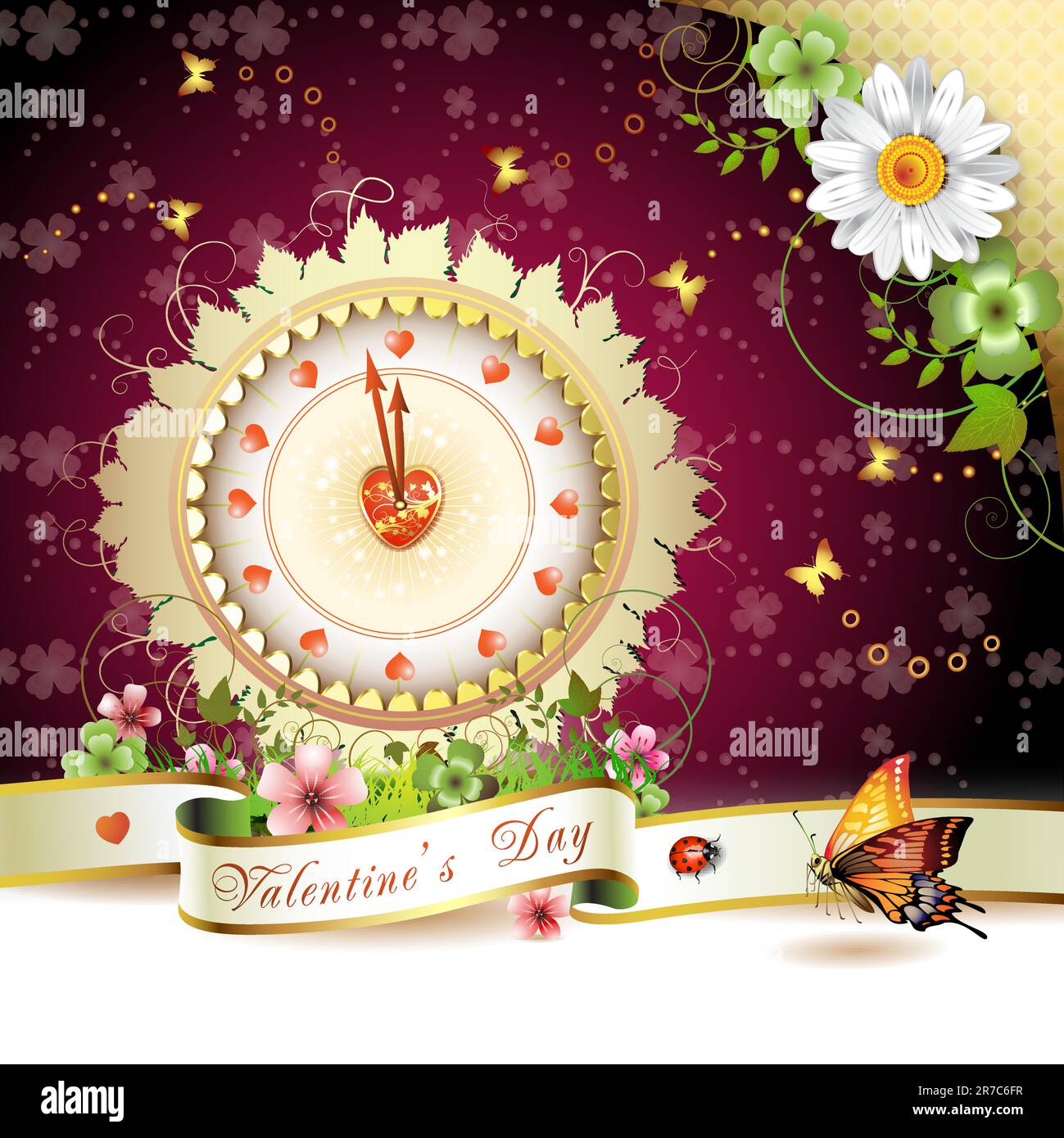 Clock design with Valentine's day theme over springtime background Stock Vector