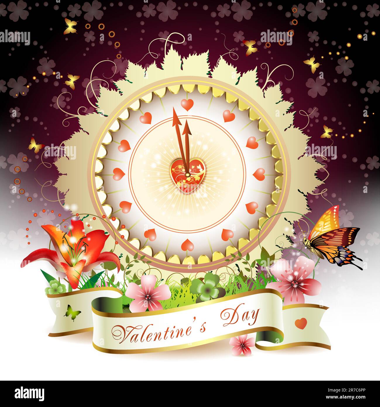 Clock design with Valentine's day theme over springtime background Stock Vector