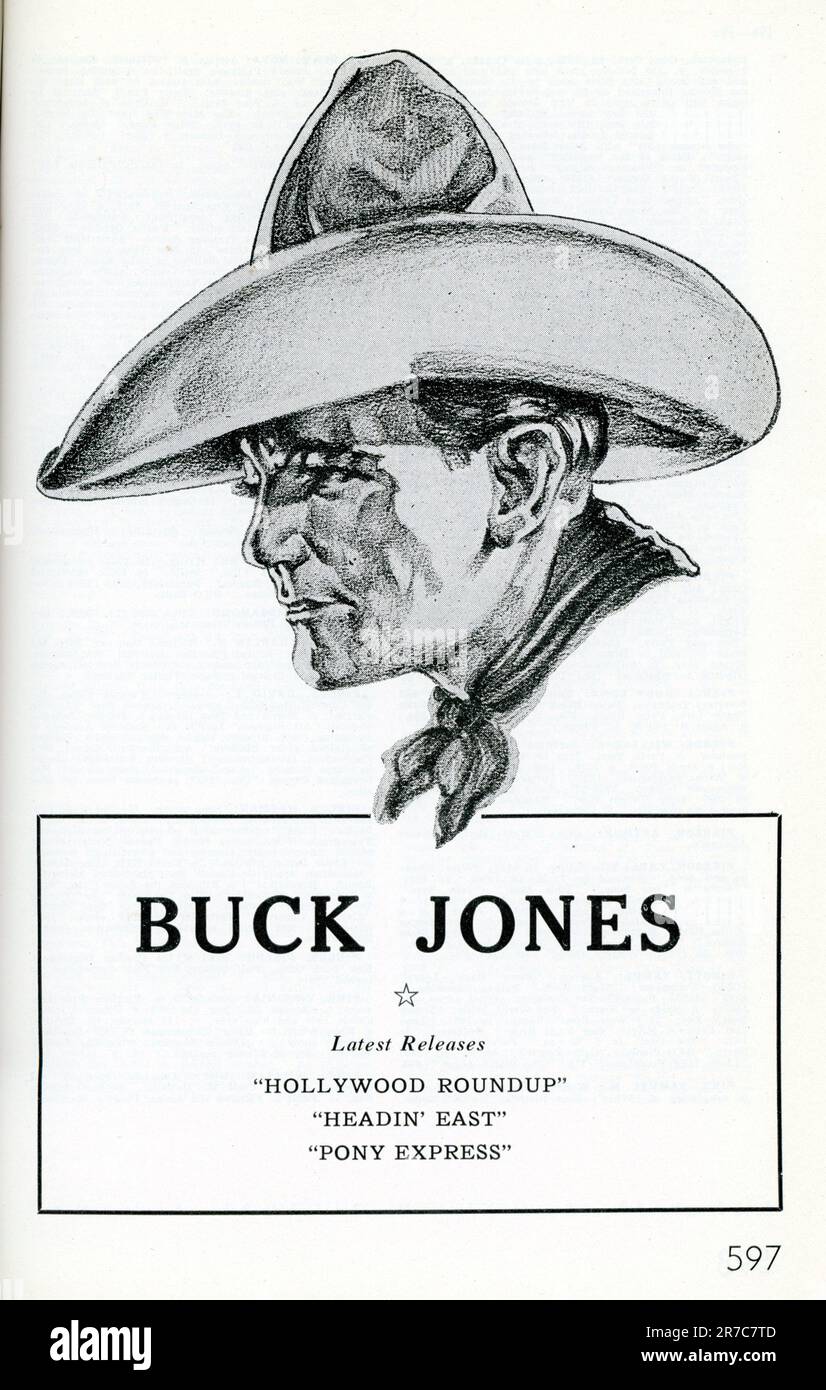 Trade Ad for Cowboy Star BUCK JONES latest releases HOLLYWOOD ROUNDUP, HEADIN' EAST and PONY EXPRESS Coronet Pictures / Columbia Pictures from the International Motion Picture Almanac 1938-39 Edited by Terry Ramsaye Quigley Publishing Company, New York Stock Photo