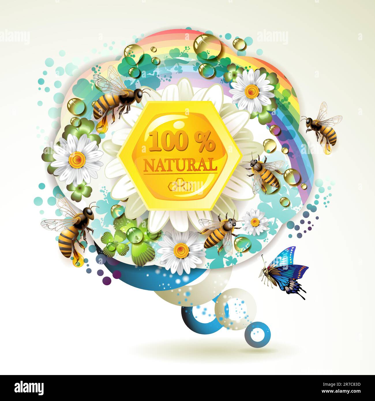 Bees and honeycombs over floral background with rainbow and drops of water Stock Vector
