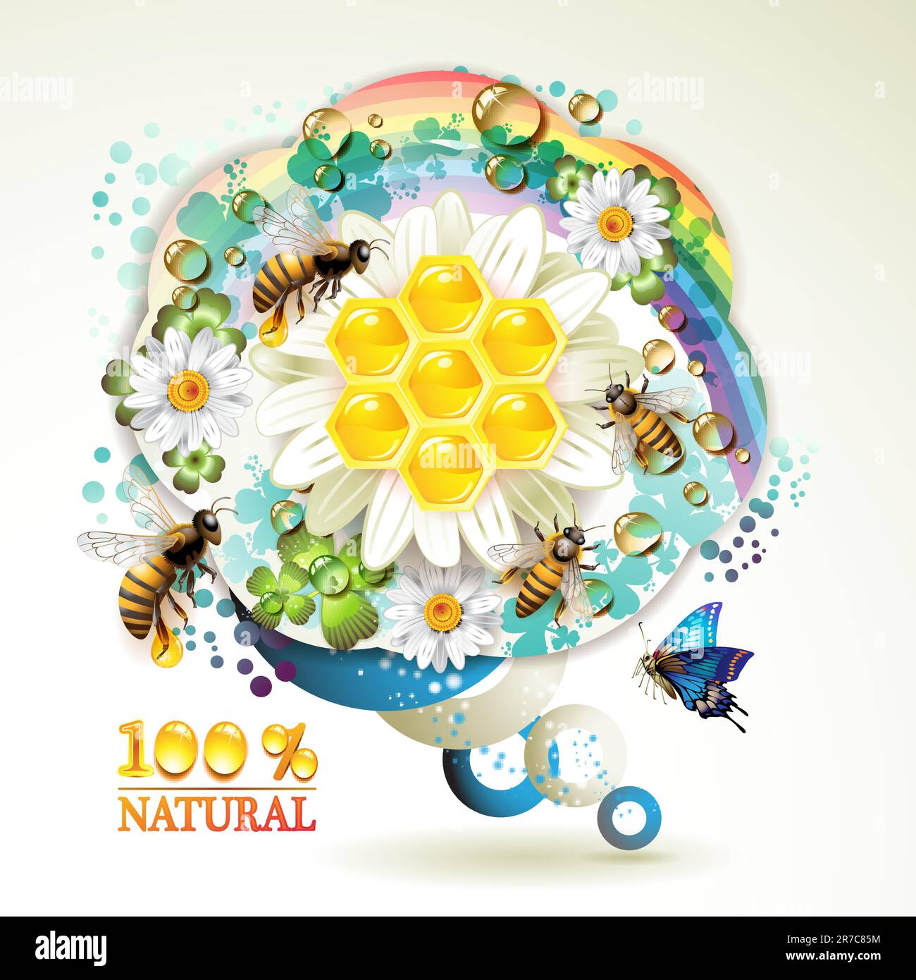 Bees and honeycombs over floral background with rainbow and drops of water Stock Vector
