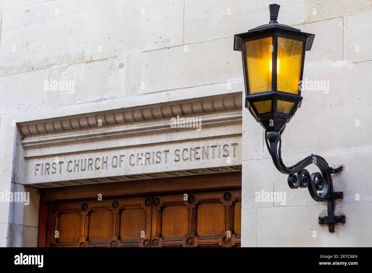 First Church of Christ Scientist sign at Cadogan Hall in London, UK. The building was a church of Christ Scientist but is now known as Cadogan Hall - Stock Photo