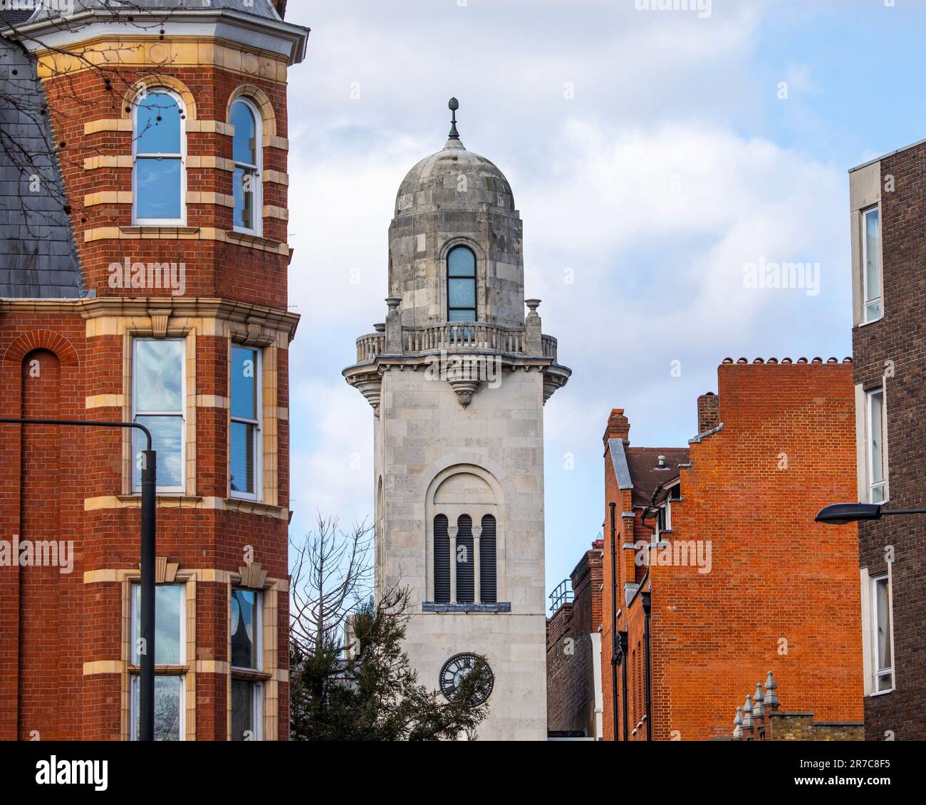 The tower of Cadogan Hall, viewed from Sloane Square in the Chelsea area of London, UK. Stock Photo
