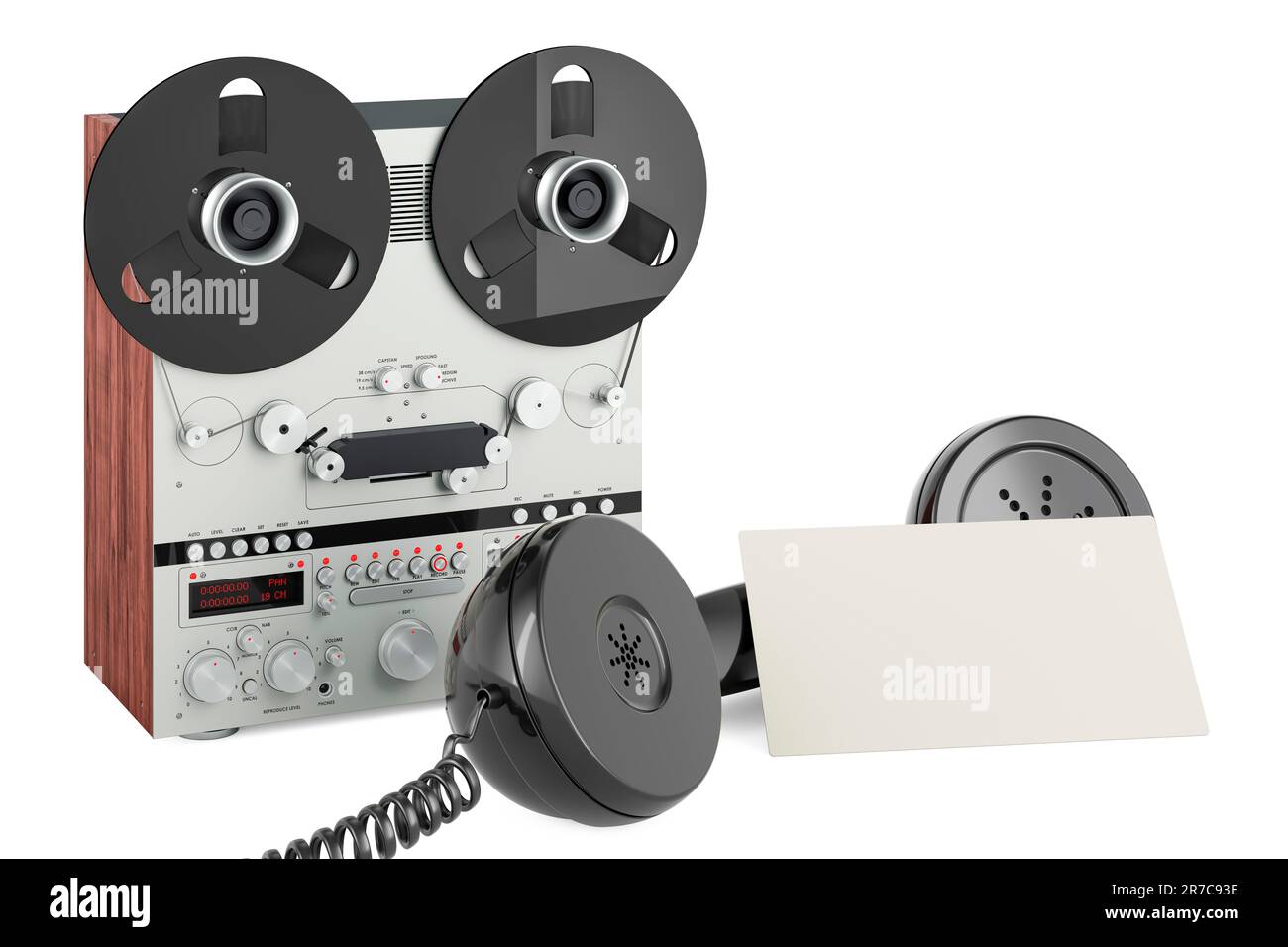 Reel-to-reel tape recorder with blank business card and retro phone  receiver. 3D rendering isolated on white background Stock Photo - Alamy
