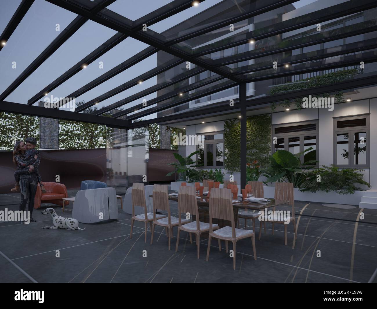 Luxury villa house and patio outdoor pergola sunroom, 3d render Stock ...