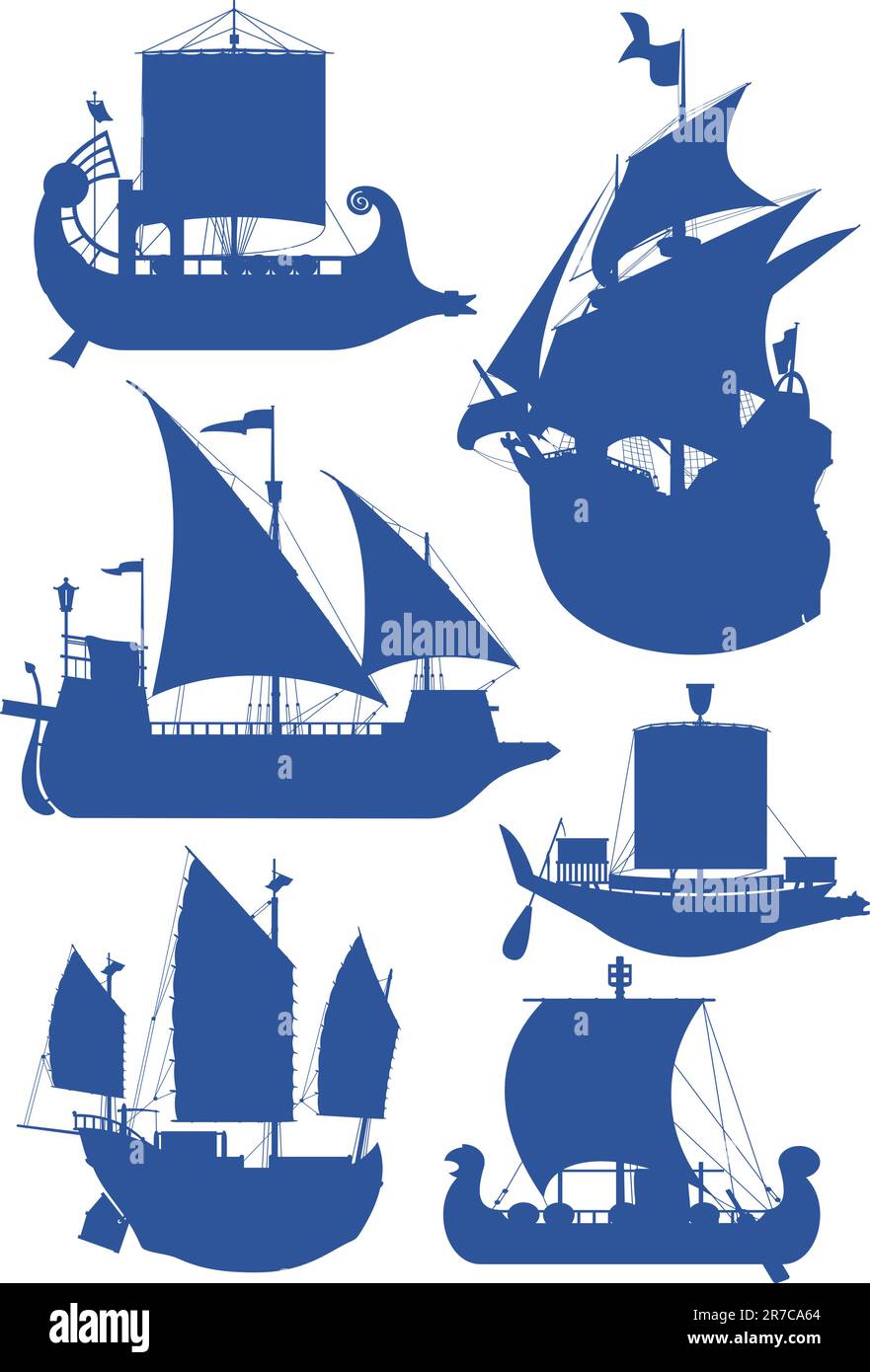 set of vector illustrations of silhouettes of sailing ships Stock Vector