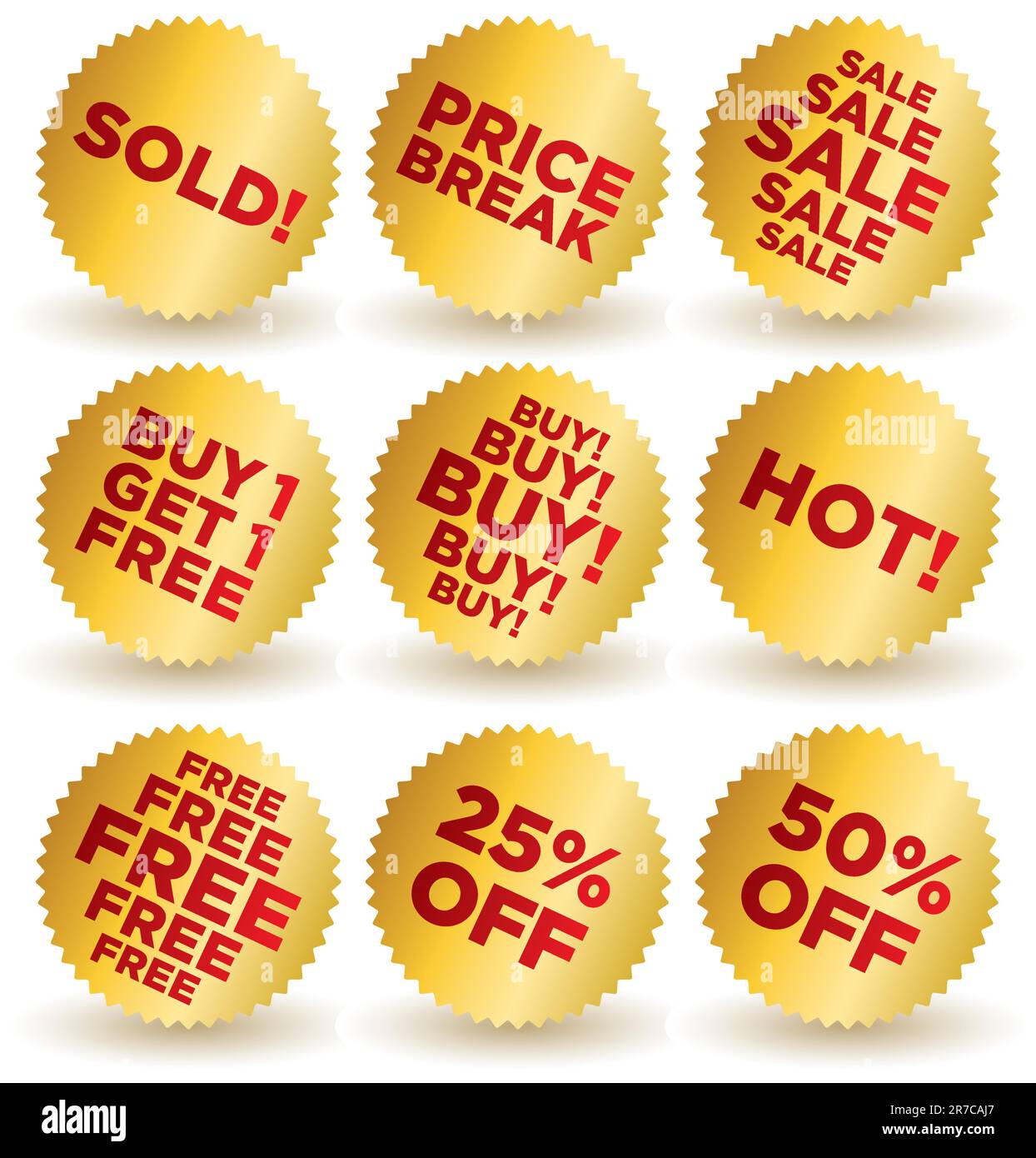 Vector illustration set of stylish glossy round stickers in gold and red for retail and other use: Sold, Price Break, Sale, Buy 1 Get 1 Free, Buy, ... Stock Vector