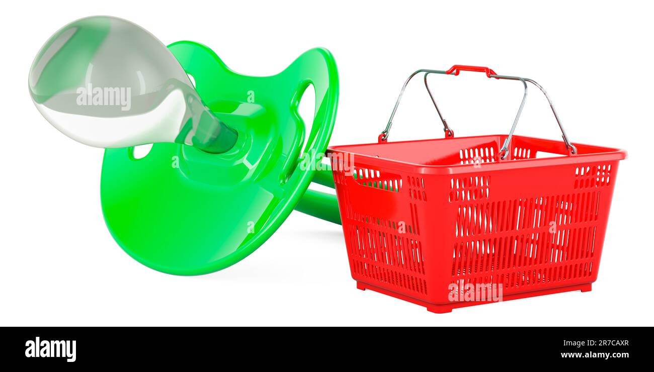 Shopping basket with baby pacifier. 3D rendering isolated on white ...