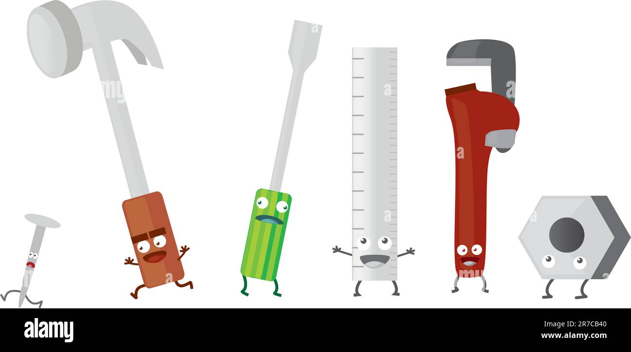 6 different pieces of hardware, each with a funny face. This set