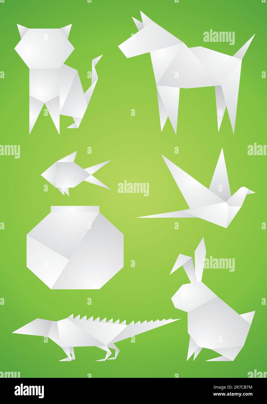 Origami Pets of the white paper on green background Stock Vector