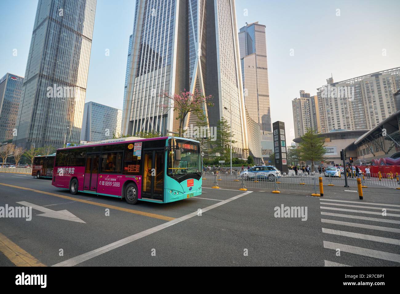 SHENZHEN, CHINA - 27 NOVEMBER, 2019: BYD bus seen at Shenzhen Futian District in the evening. Stock Photo