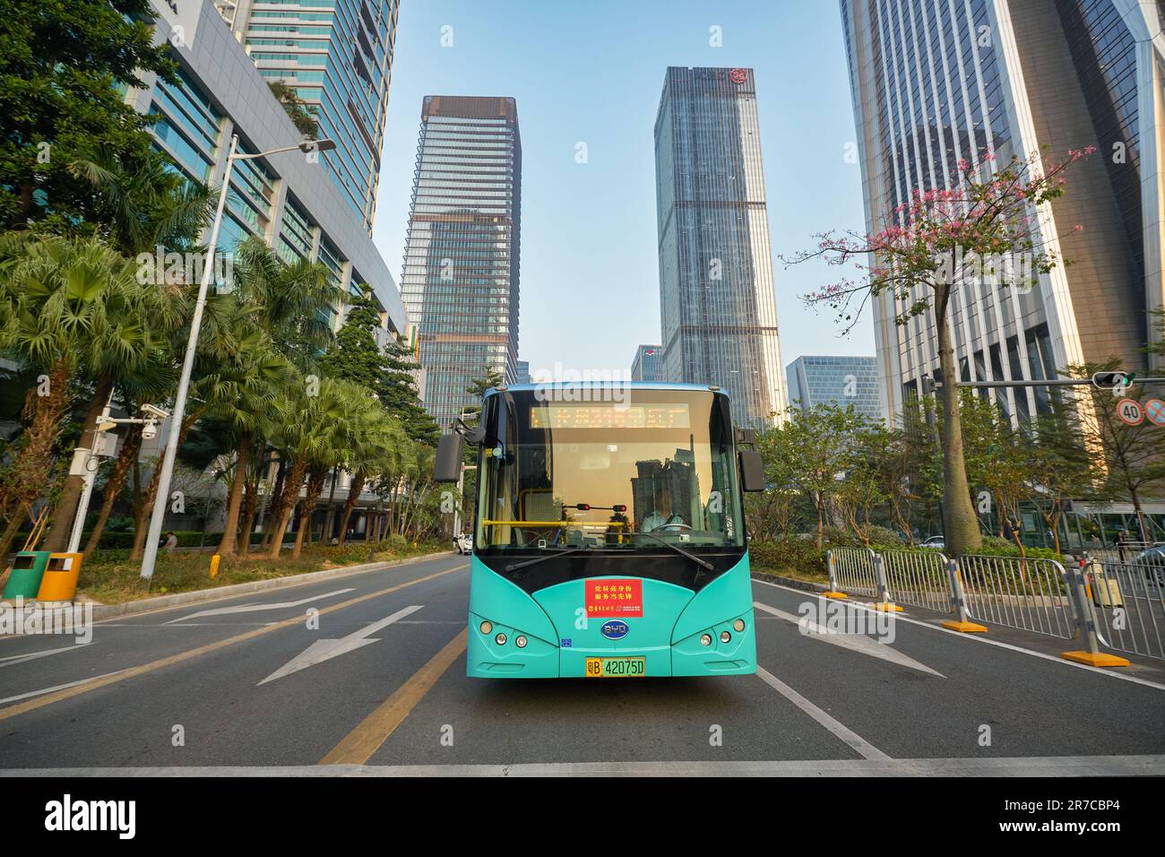 SHENZHEN, CHINA - 27 NOVEMBER, 2019: BYD bus seen at Shenzhen Futian District in the evening. Stock Photo