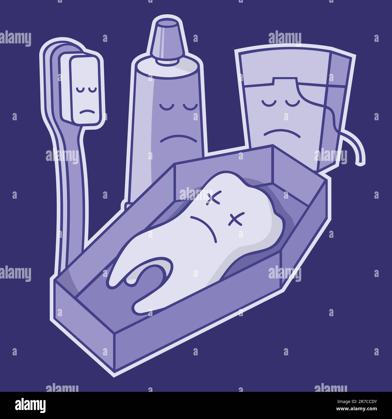 Dead tooth in coffin with toothbrush, toothpaste and dental floss, mauve cartoon illustration. Stock Vector