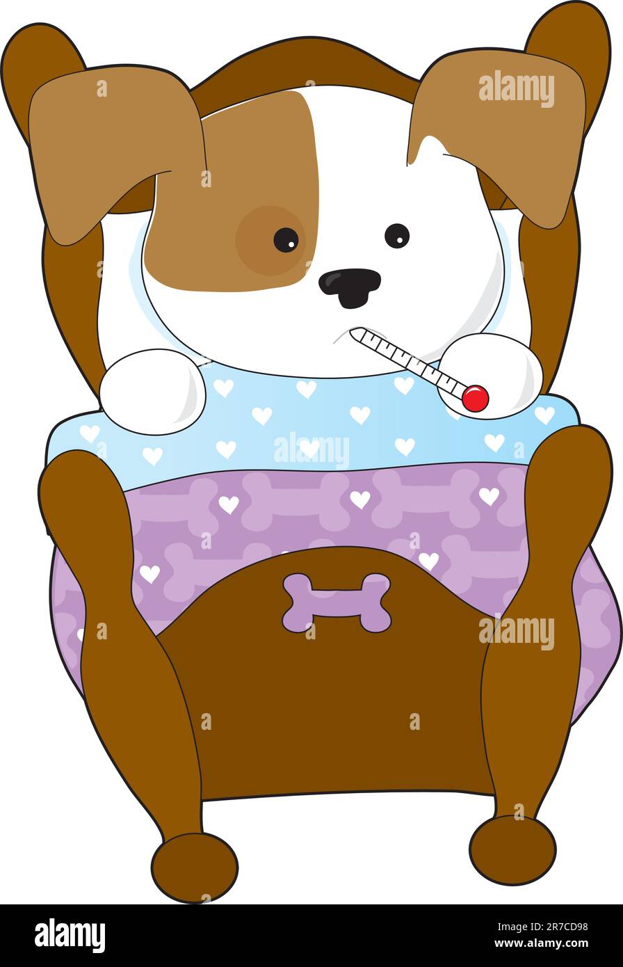 A cute puppy is sick in bed. It has a thermometer in it's mouth Stock Vector