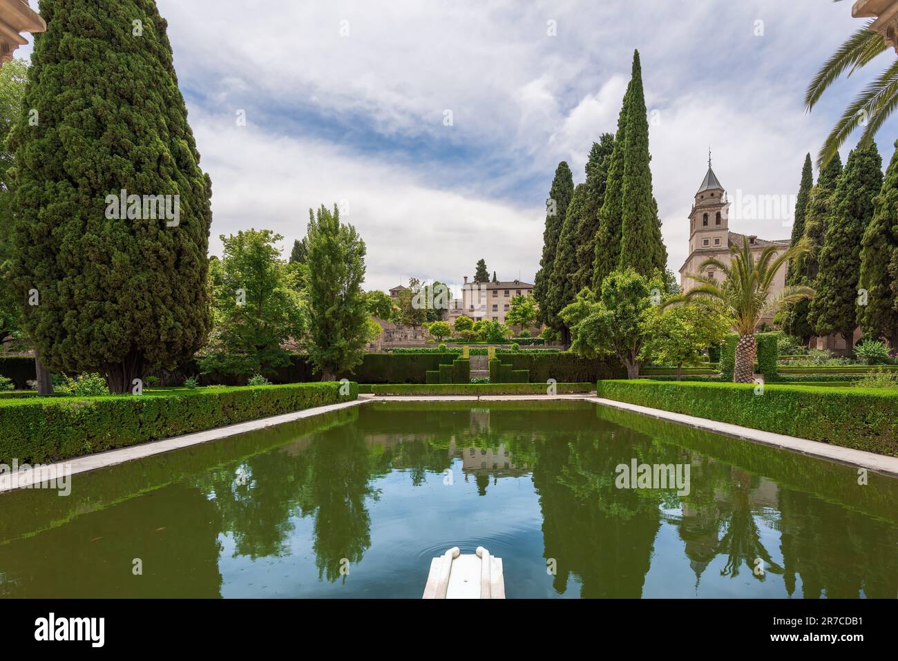 Pool of Partal Palace at El Partal area of Alhambra with Partal Gardens and Church of Santa Maria de la Alhambra - Granada, Andalusia, Spain Stock Photo