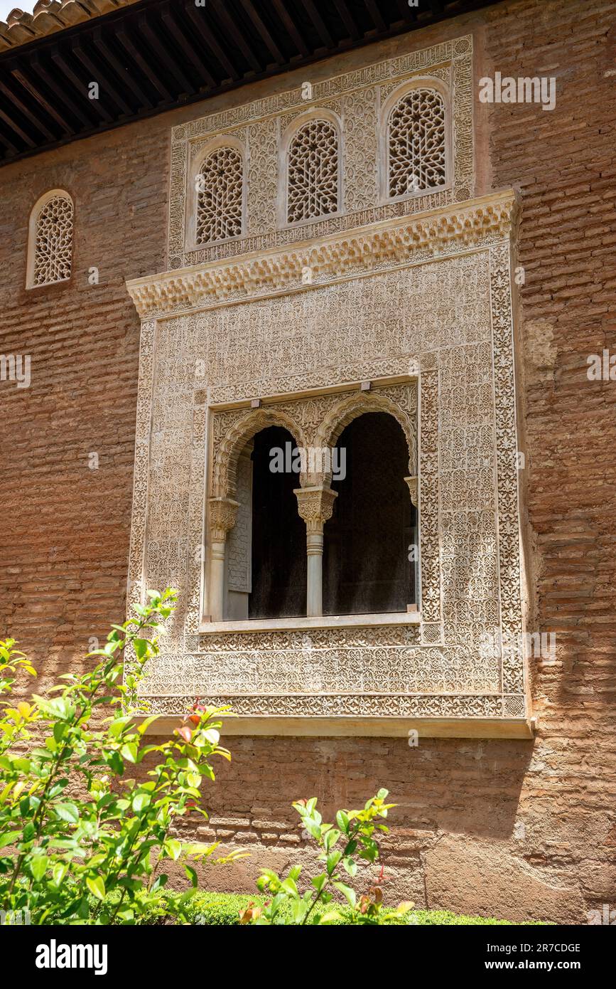 Beautiful window of Oratory (Prayer Room) Building at El Partal area of Alhambra - Granada, Andalusia, Spain Stock Photo