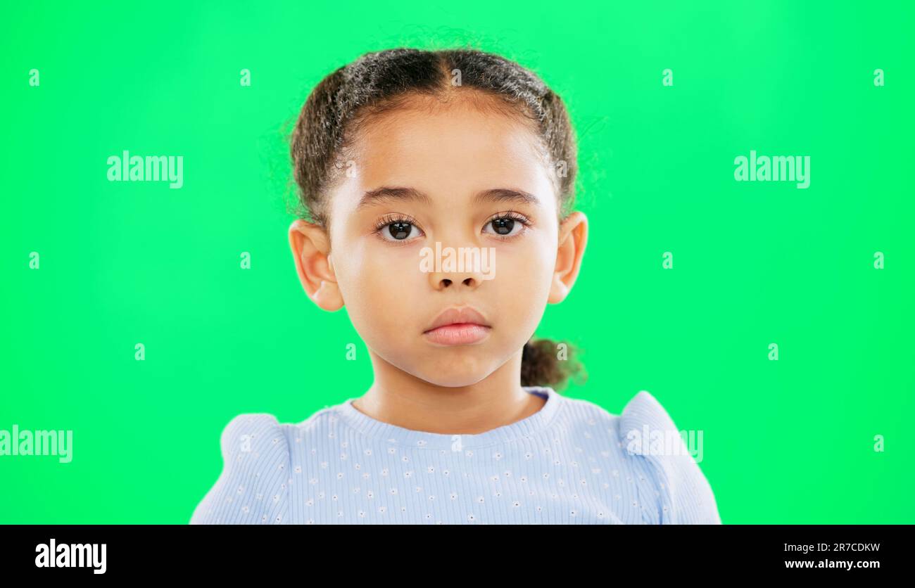 Eyebrow raise, green screen and child face of a young girl with a funny, meme and emoji