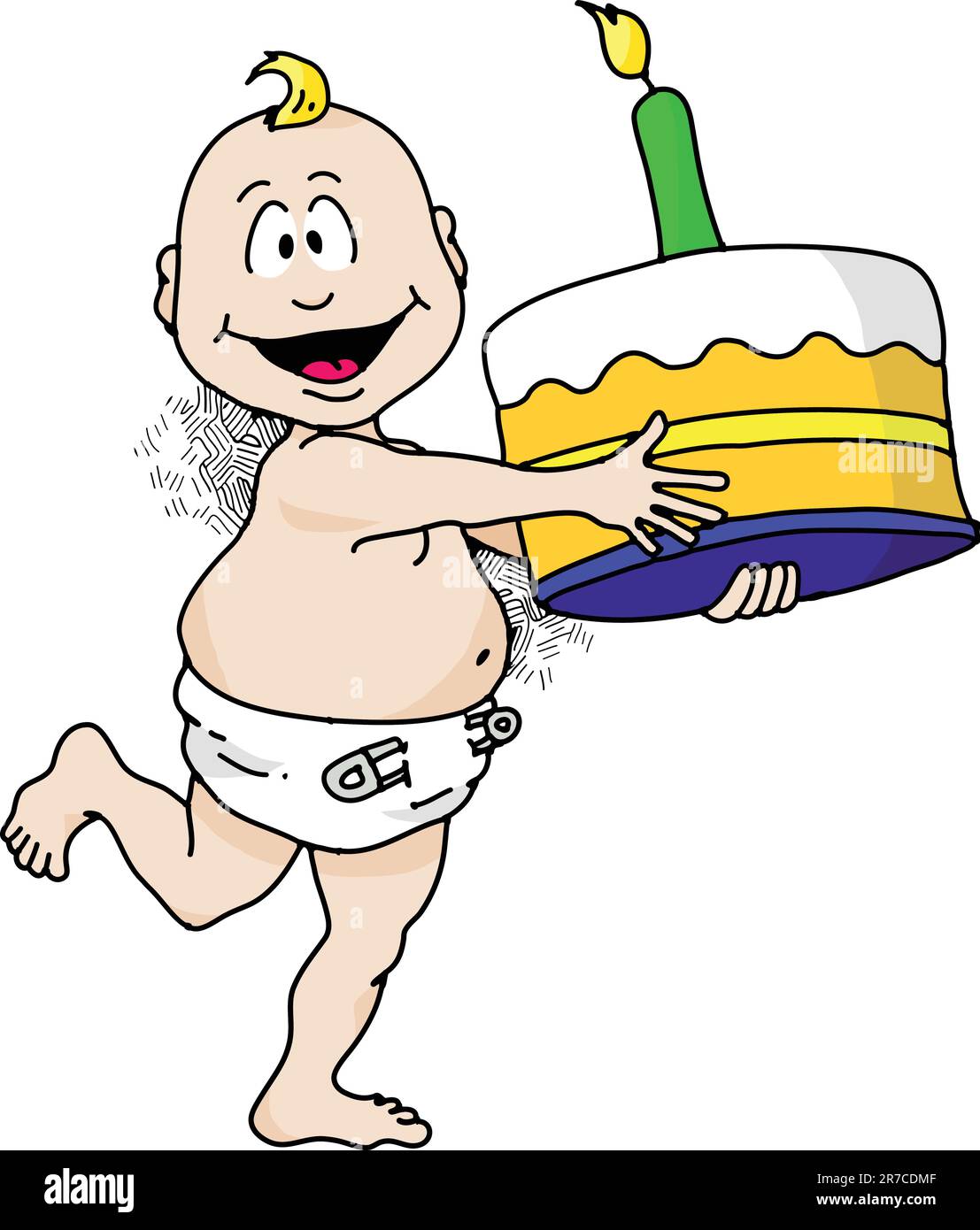 Cartoon image of a baby running with a birthday cake. Stock Vector