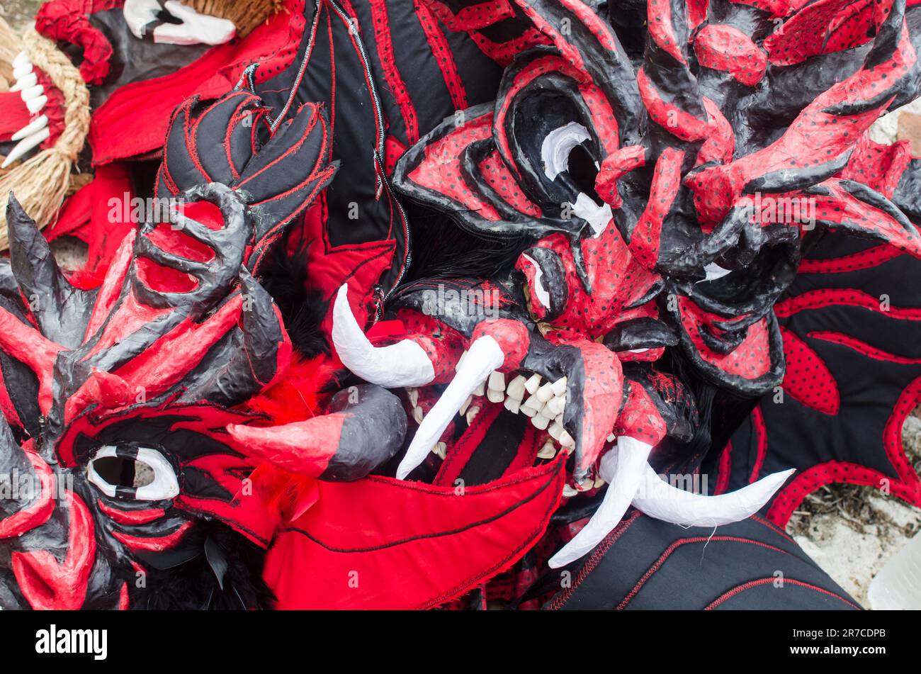 Detail of the captivating Colon Diablos masks showcasing the richness of the Congo Culture Stock Photo