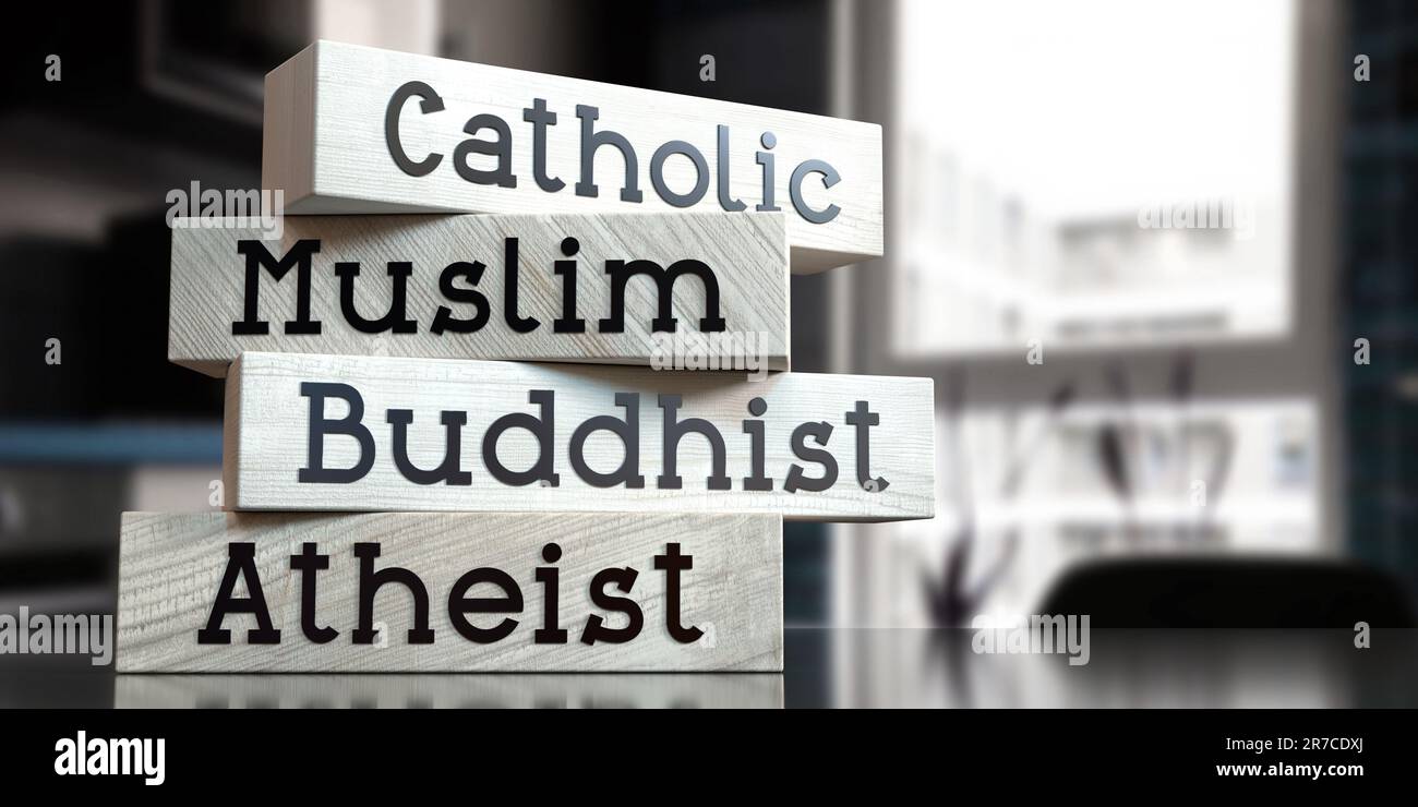 Catholic, muslim, buddhist, atheist - words on wooden blocks - 3D illustration Stock Photo