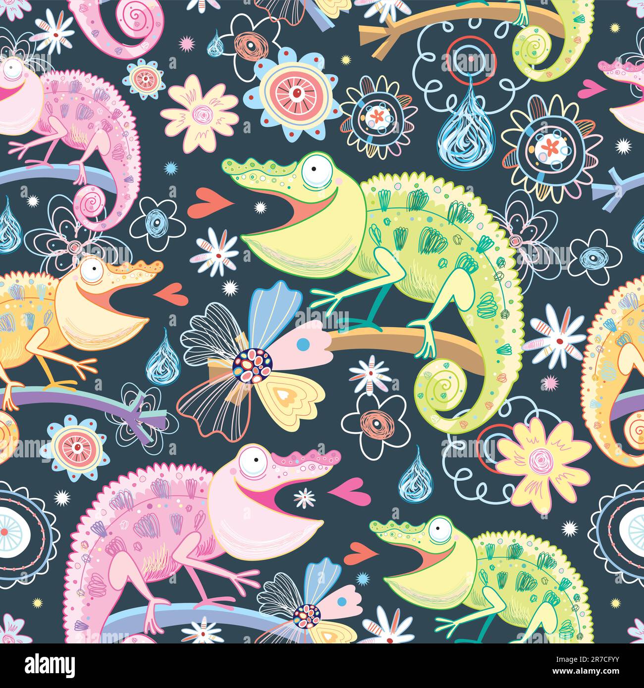 seamless pattern of bright colored chameleons on a dark floral background Stock Vector