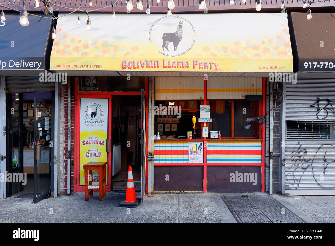 Bolivian Llama Party, 44-14 48th Ave, Queens, New York, NYC storefront photo of a Bolivian eatery in the Sunnyside neighborhood. Stock Photo