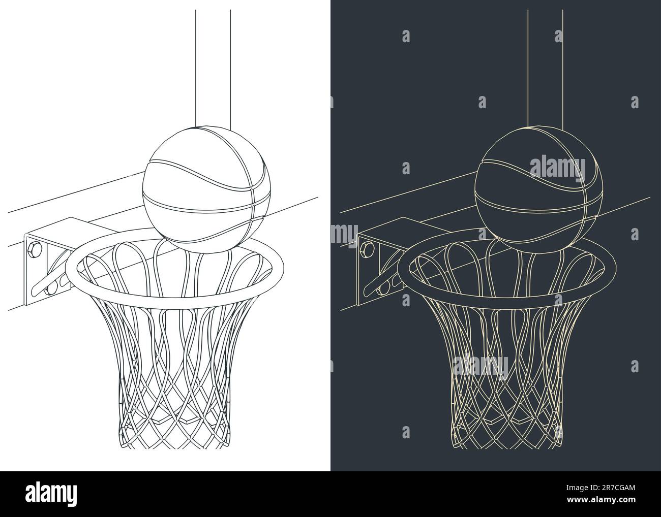 Stylized vector illustrations of basketball hoop and ball close up