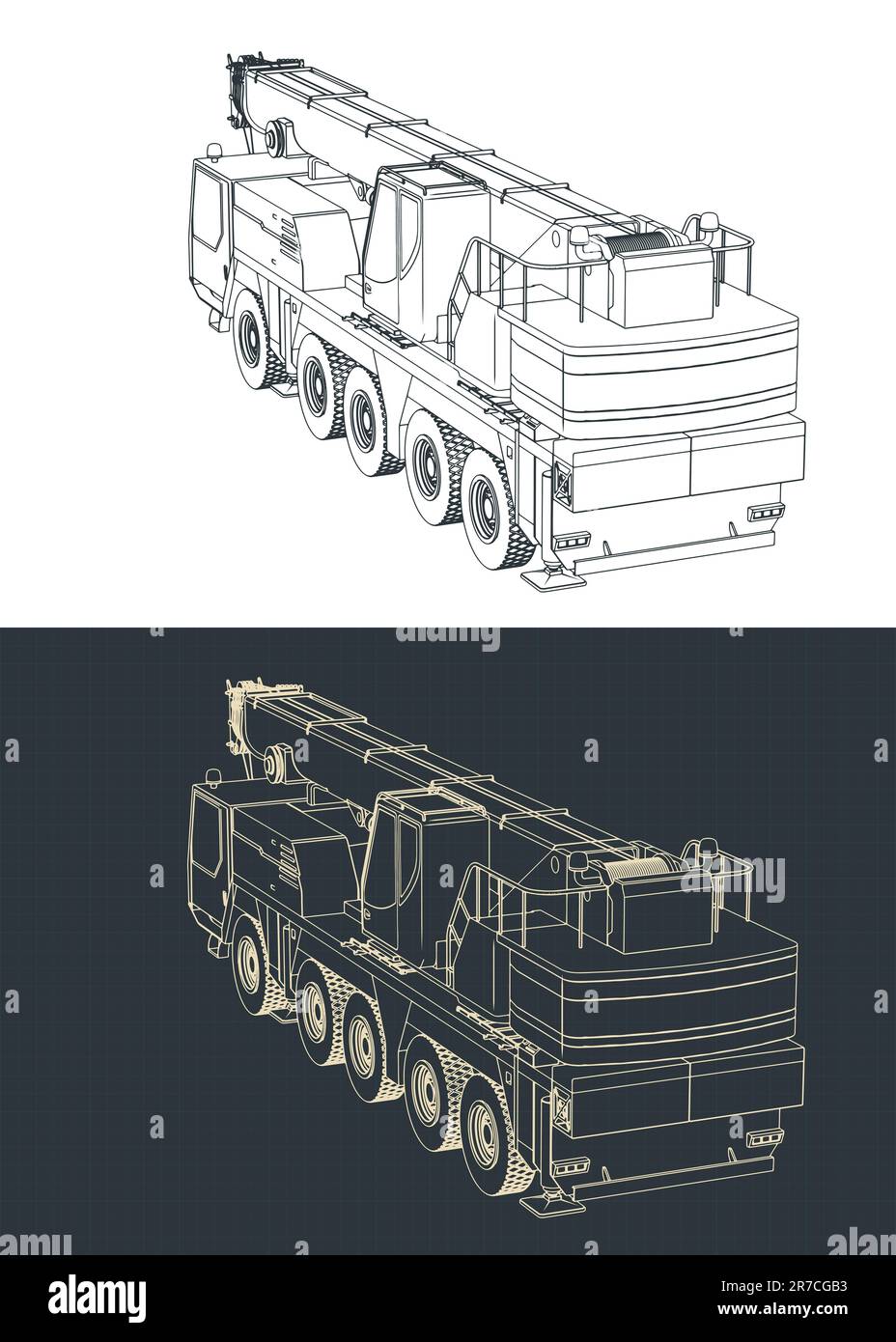 Stylized vector illustrations of blueprints of mobile crane with
