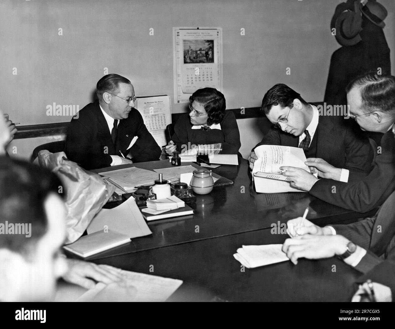 New York, New York:  March 10, 1938.  An assistant attorney general conducts a hearing into the affairs of Richard Whitney & Co., one of Wall Street's most prominent firms of the 1920's and 30's. Its president, Richard Whitney, was sentenced to prison in Sing Sing for embezzlement of $1 million from a fund. Stock Photo