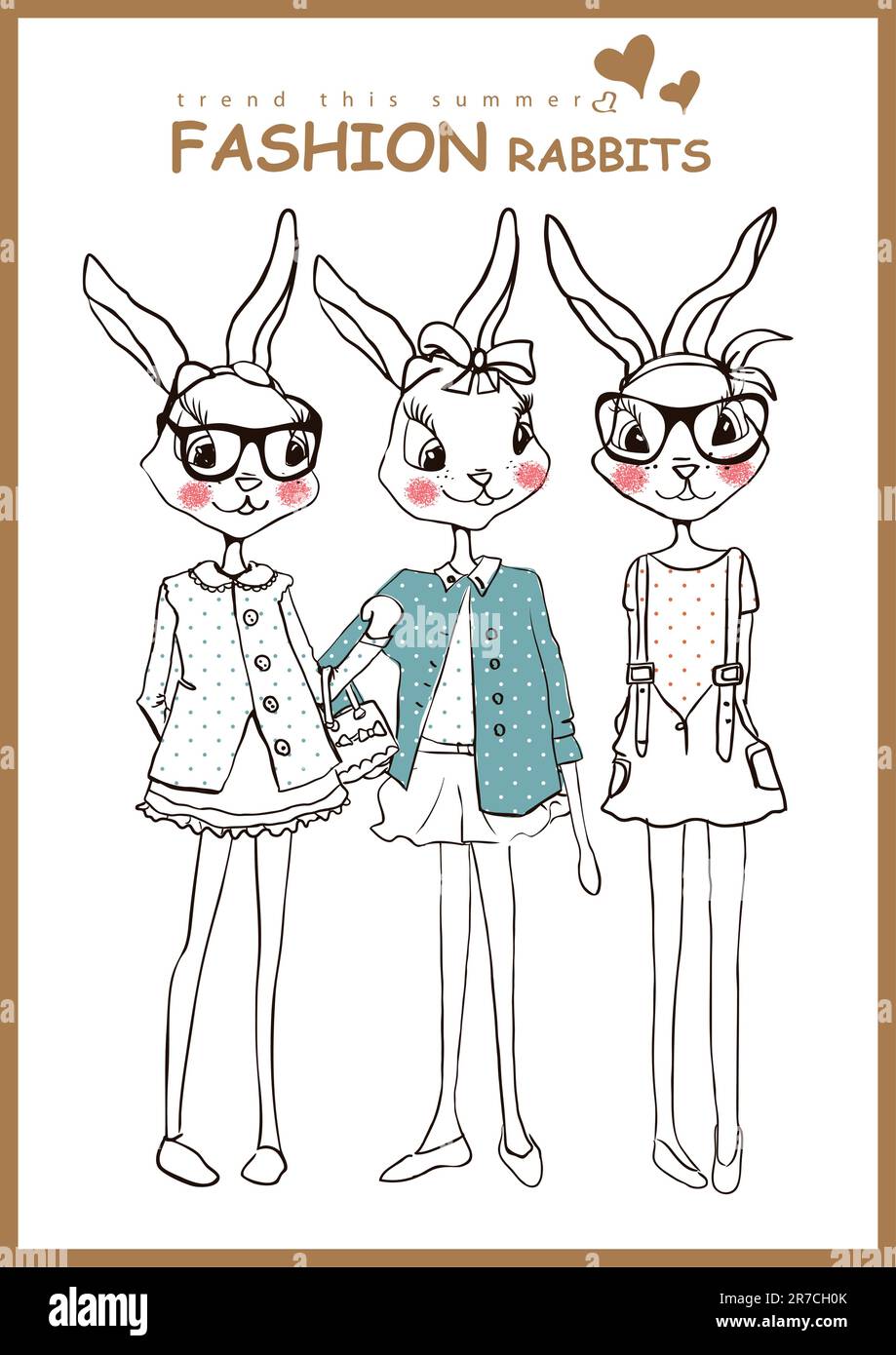 fashion rabbits girls with trend shopping illustration sketch drawing ...