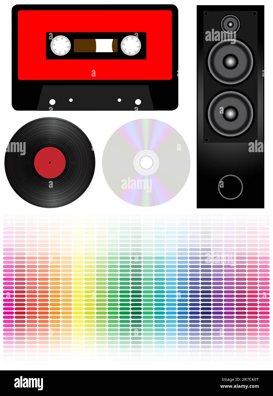 Set of Audio Cassette Tape, Vinyl LP Record, CD Disc, Loudspeaker and