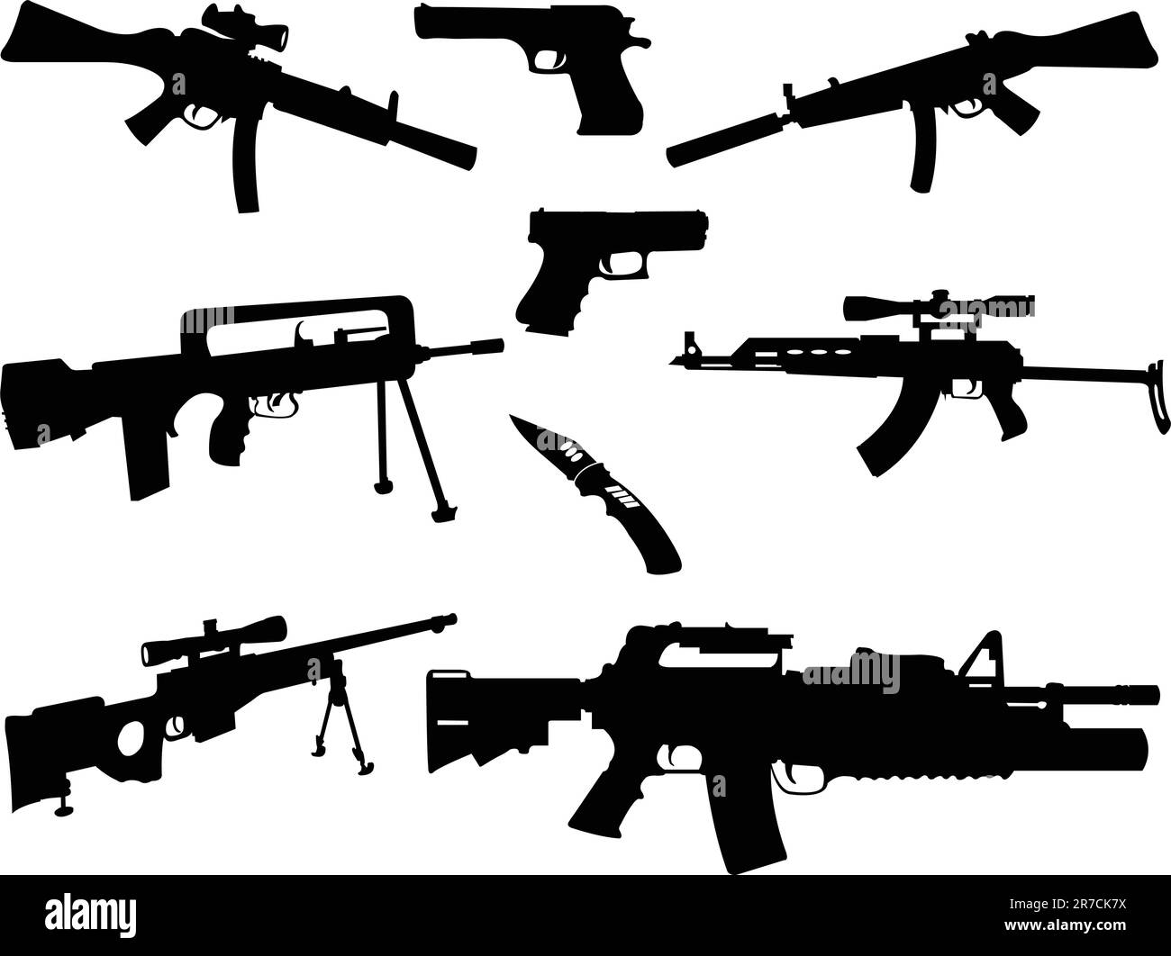 illustration of Different weapons collection silhouette - vector Stock Vector