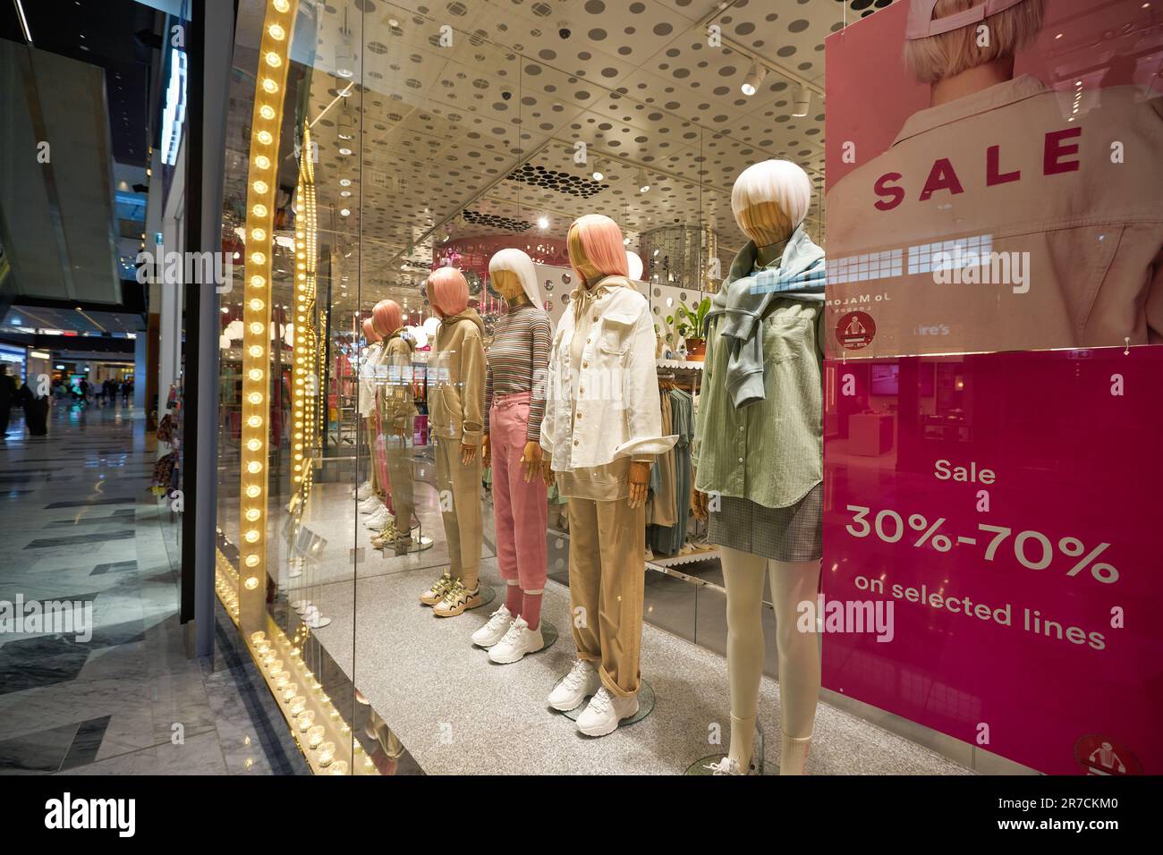 ABU DHABI, UAE - CIRCA JANUARY, 2020: dressed mannequins at Monki store at shopping center in Abu Dhabi. Stock Photo