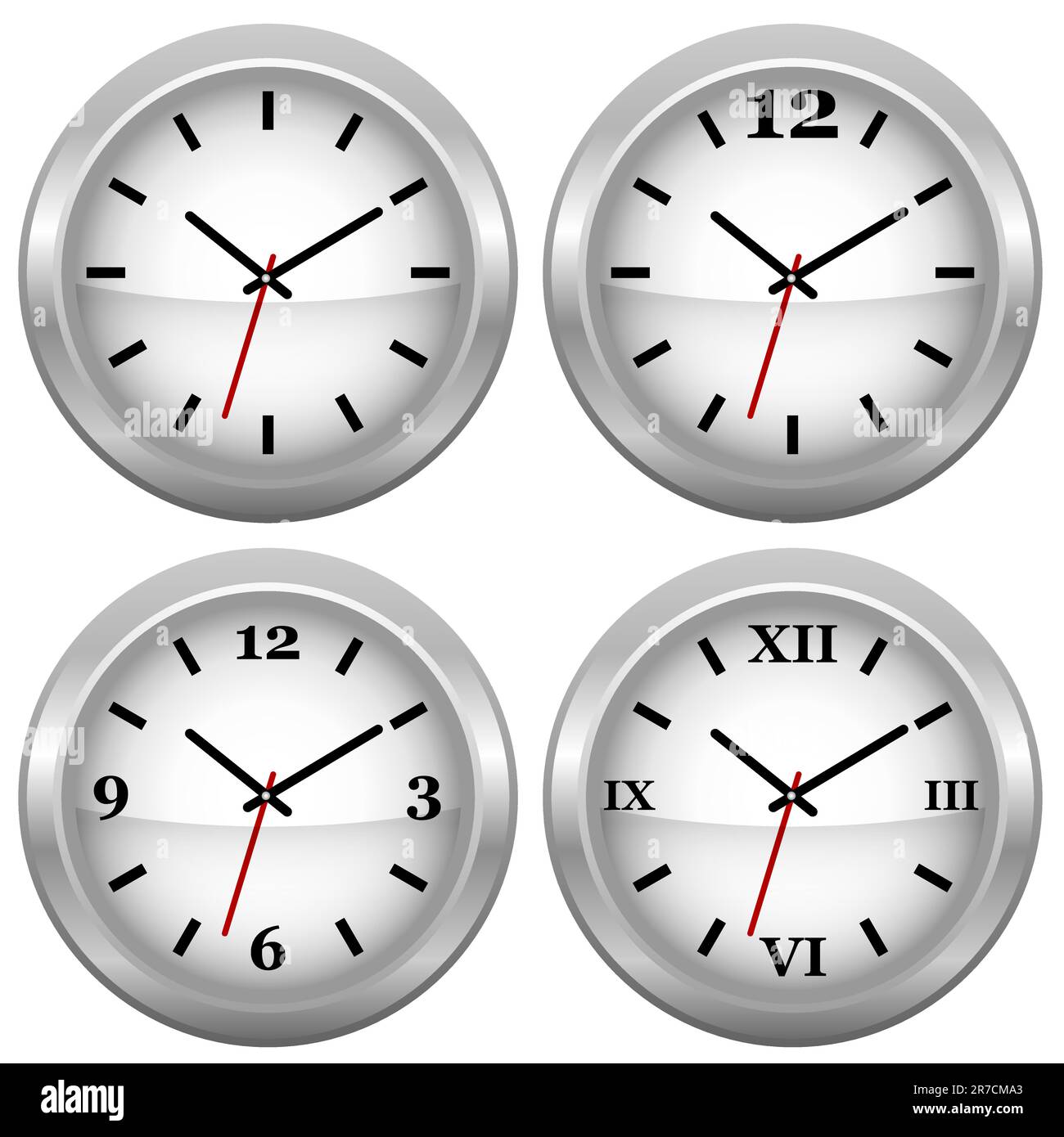 Set of Silver Wall Clock With Different ClockFaces Stock Vector Image