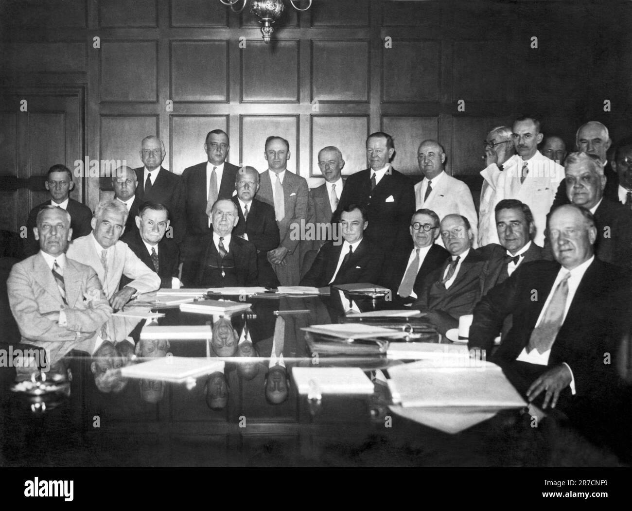 Washington D.C.:  June 26, 1933. Leaders of United States industry are meeting in Washington to serve as advisors to the National Recovery Administration. L-R: Alfred Sloan, President, General Motors; Gerard Swope, President, General Electric; Col. Edward Hurley; Daniel Roper, Secretary of Commerce; Melvin Traylor, President, First National Bank of Chicago; Ewing Mitchell, Asst. Secretary of Commerce; John Dickinson, Asst. Secretary of Commerce; Robert Elbert, Chairman of the Board, Aeolian Company; R.E. Wood, President, Sears and Robuck; H.P. Kendall, President, The Kendall Company; Fred Kent Stock Photo