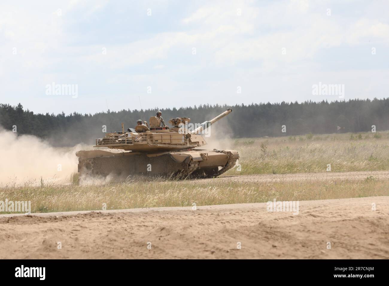 A U.S. Army M1A1 Abrams tank traverses a range at Bemowo Piskie ...