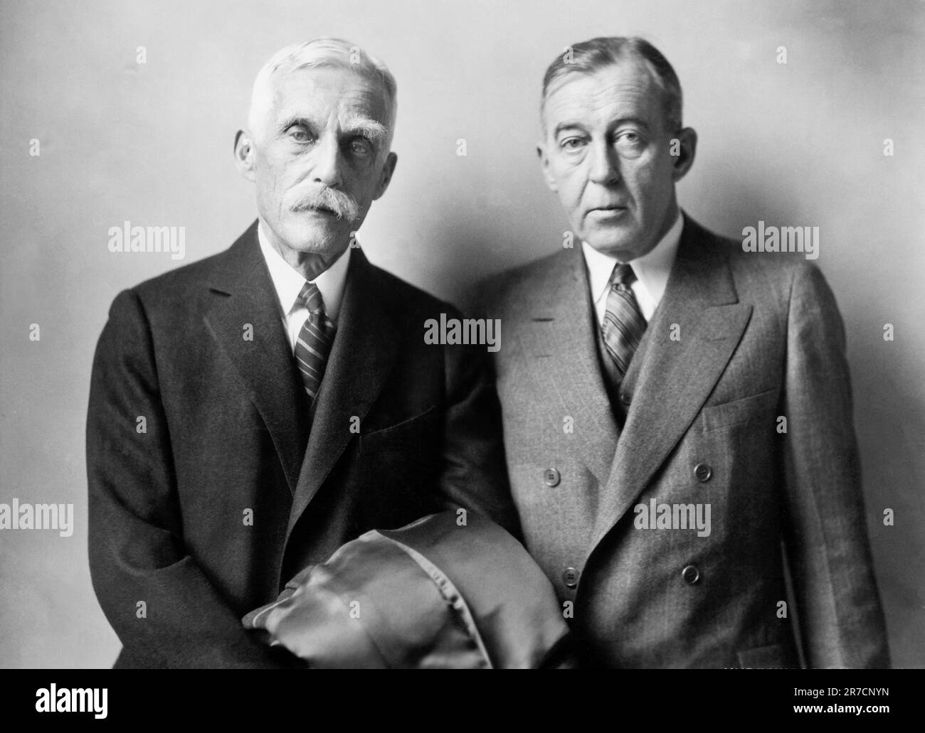 Washington, D.C.:  March 13, 1928 Secretary of the Treasury Andrew Mellon (L) and Senator David Reed of Pennsylvania shortly after Mellon's testimony before the Senate Oil Committee today. Stock Photo