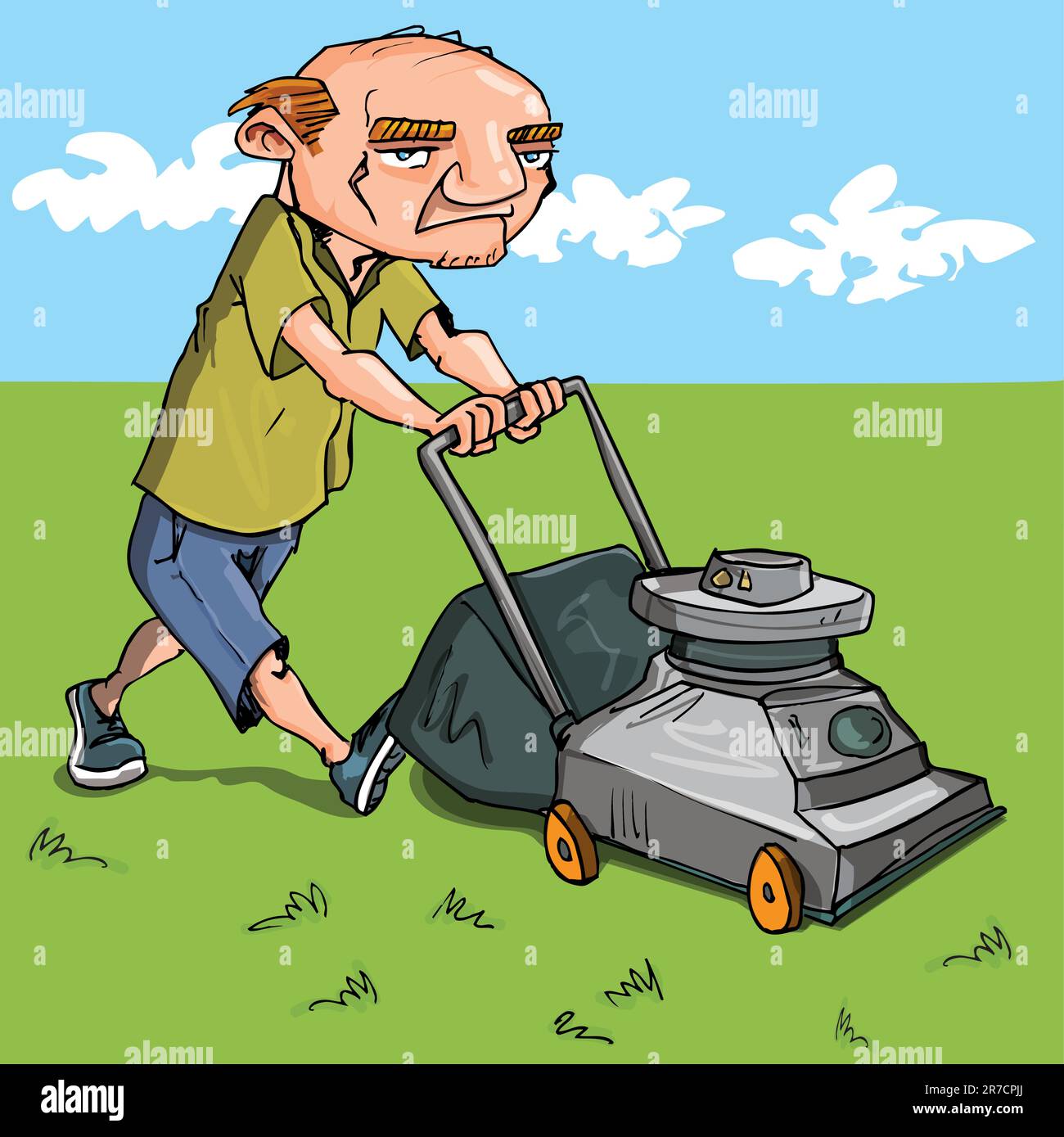 Cartoon man mowing his lawn. Grass and blue sky behind Stock Vector