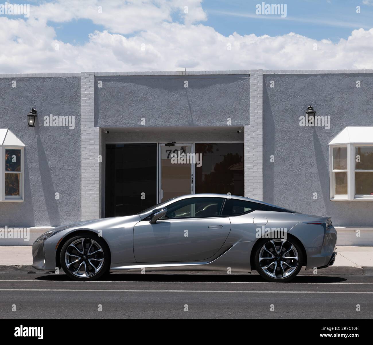 Lexus LC 500 silver coupe parked in the Art District, Las Vegas, Nevada. Stock Photo
