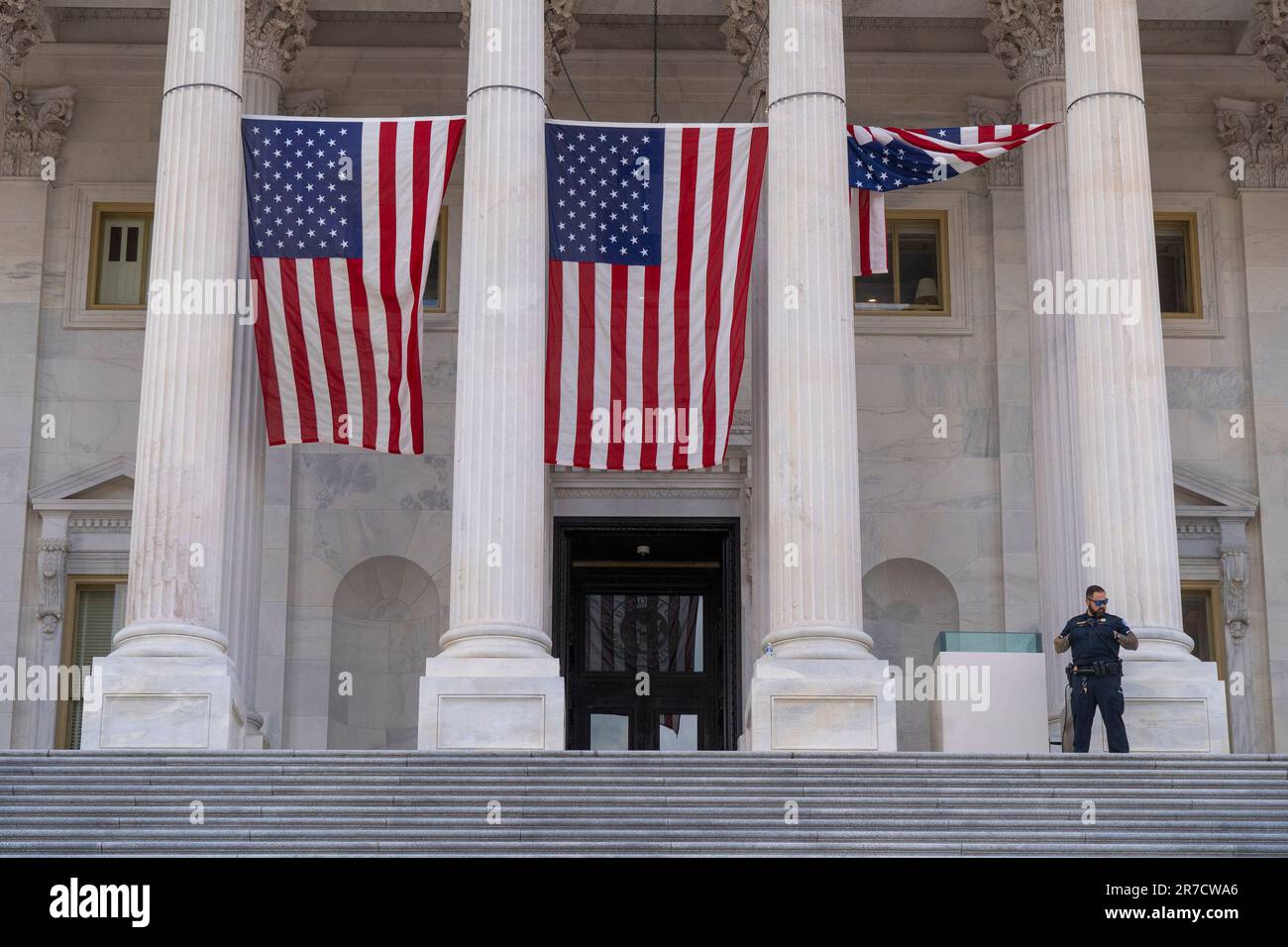 Washington, United States. 14th June, 2023. US national flags hang
