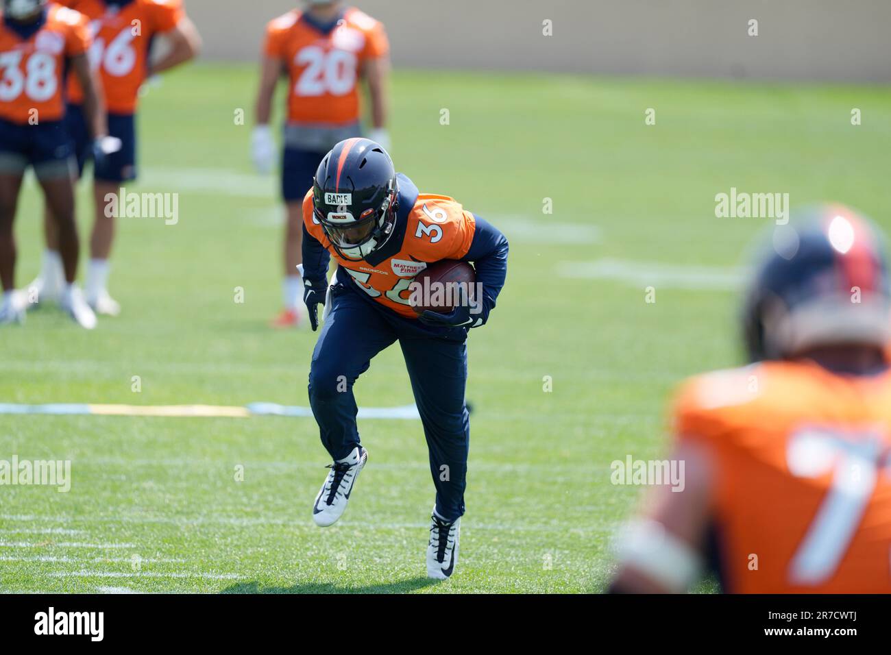 Denver Broncos running back Tyler Badie (36) celebrates a