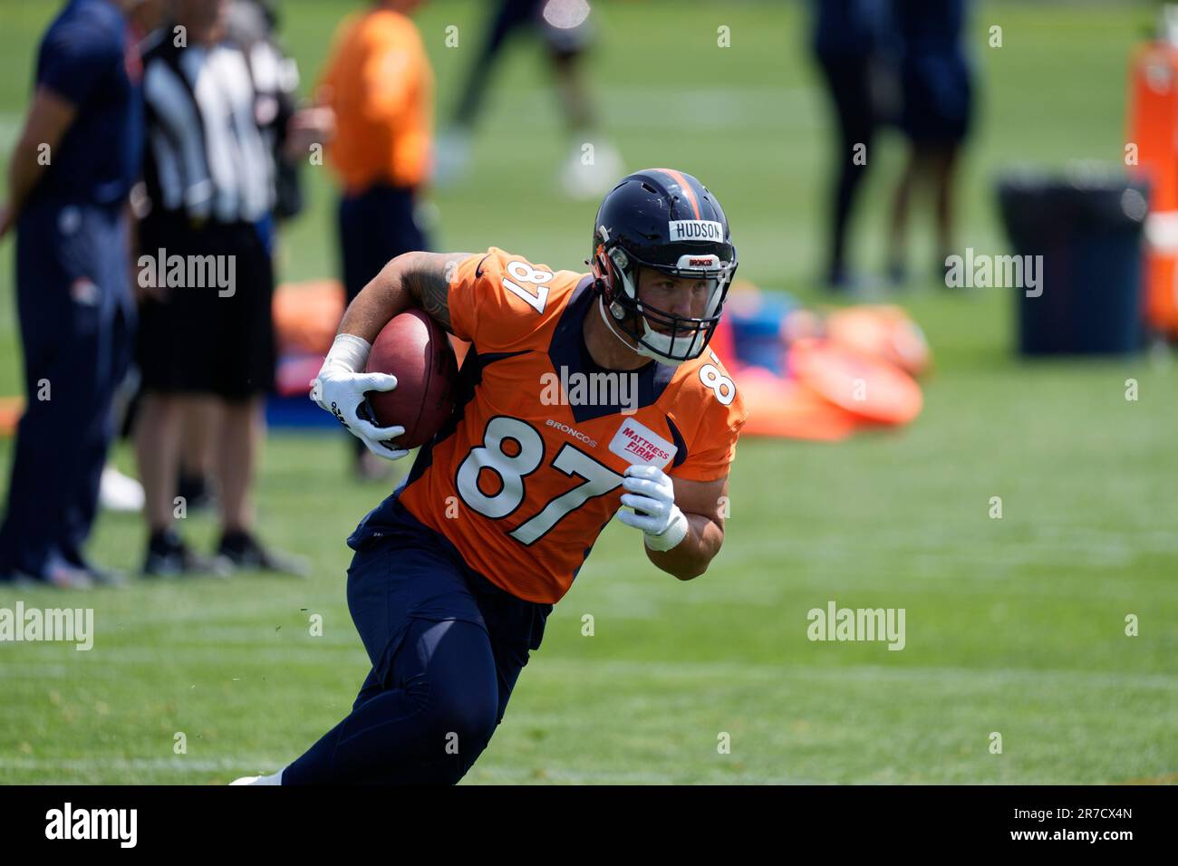 Denver Broncos tight end Tommy Hudson (--) takes part in drills during a  mandatory NFL football minicamp at the Broncos' headquarters Wednesday,  June 14, 2023, in Centennial, Colo. (AP Photo/David Zalubowski Stock