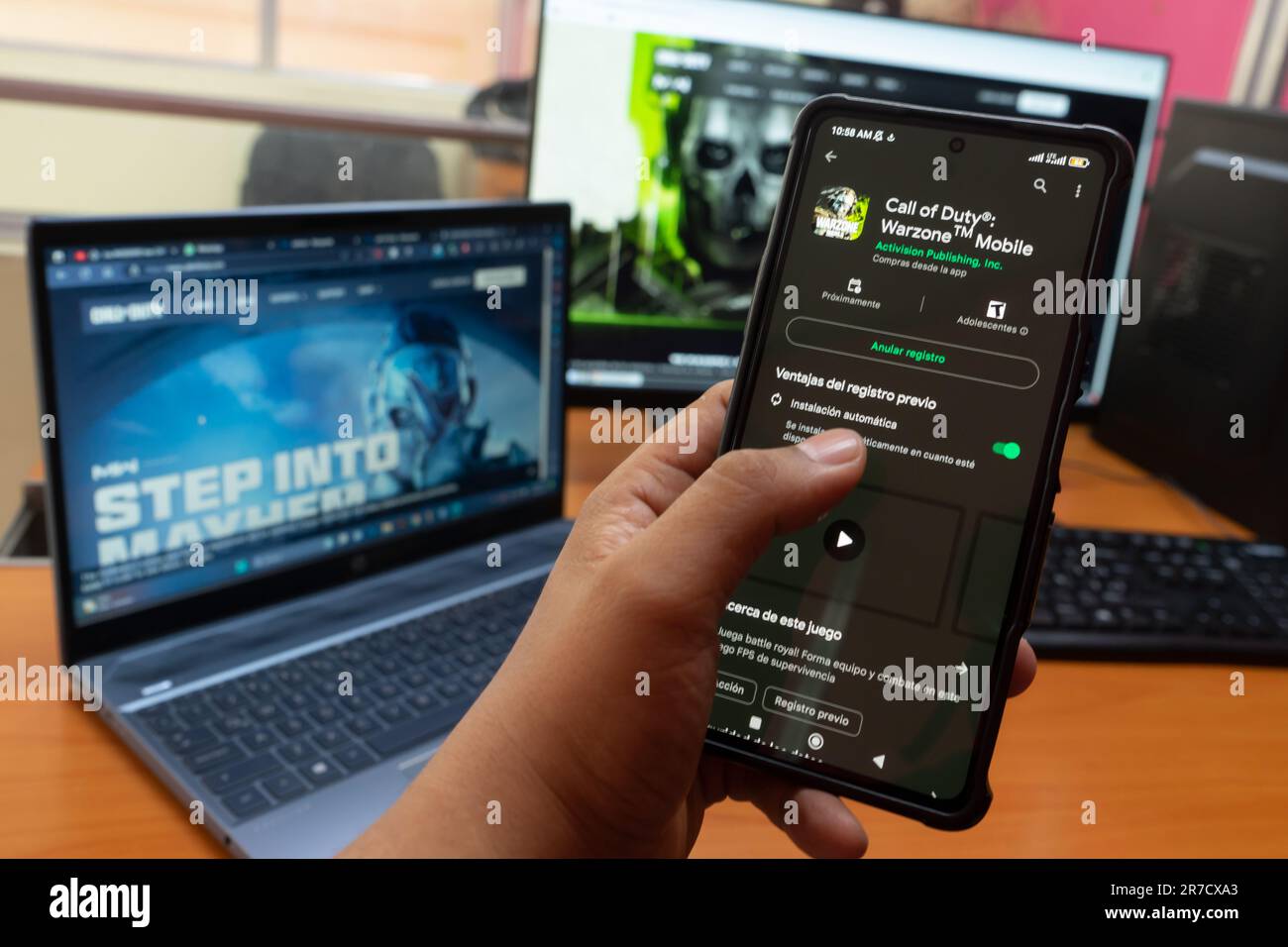 Managua, Nicaragua, June 14th: Latin man pre-registering Call of Duty Warzone on Android Stock Photo