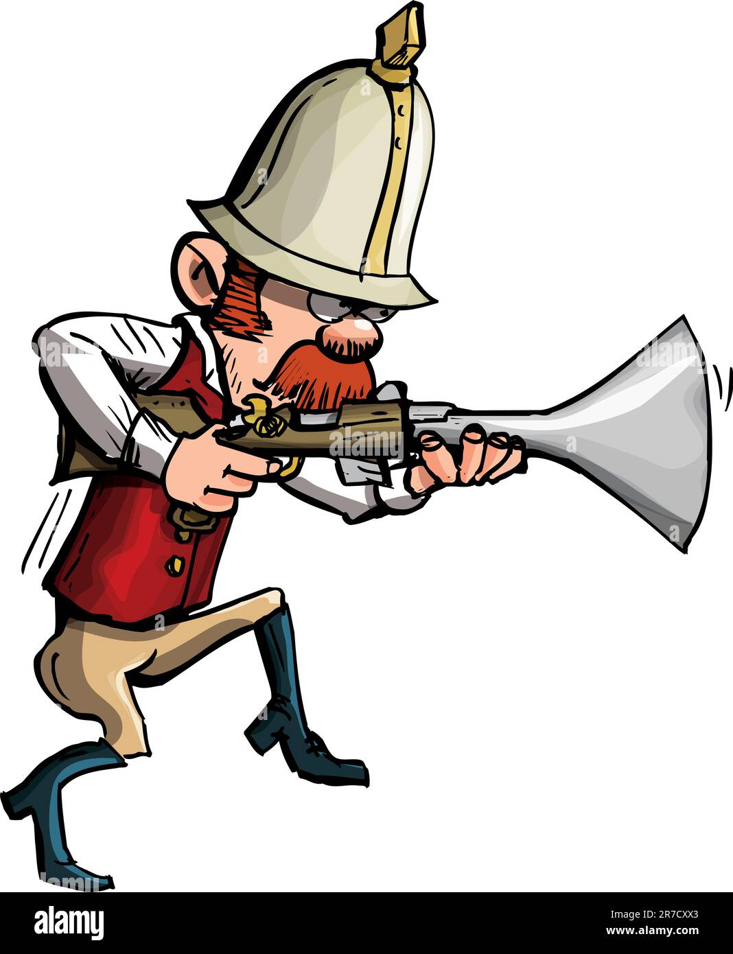 Cartoon hunter with a blunderbuss stalking. Isolated on white Stock Vector